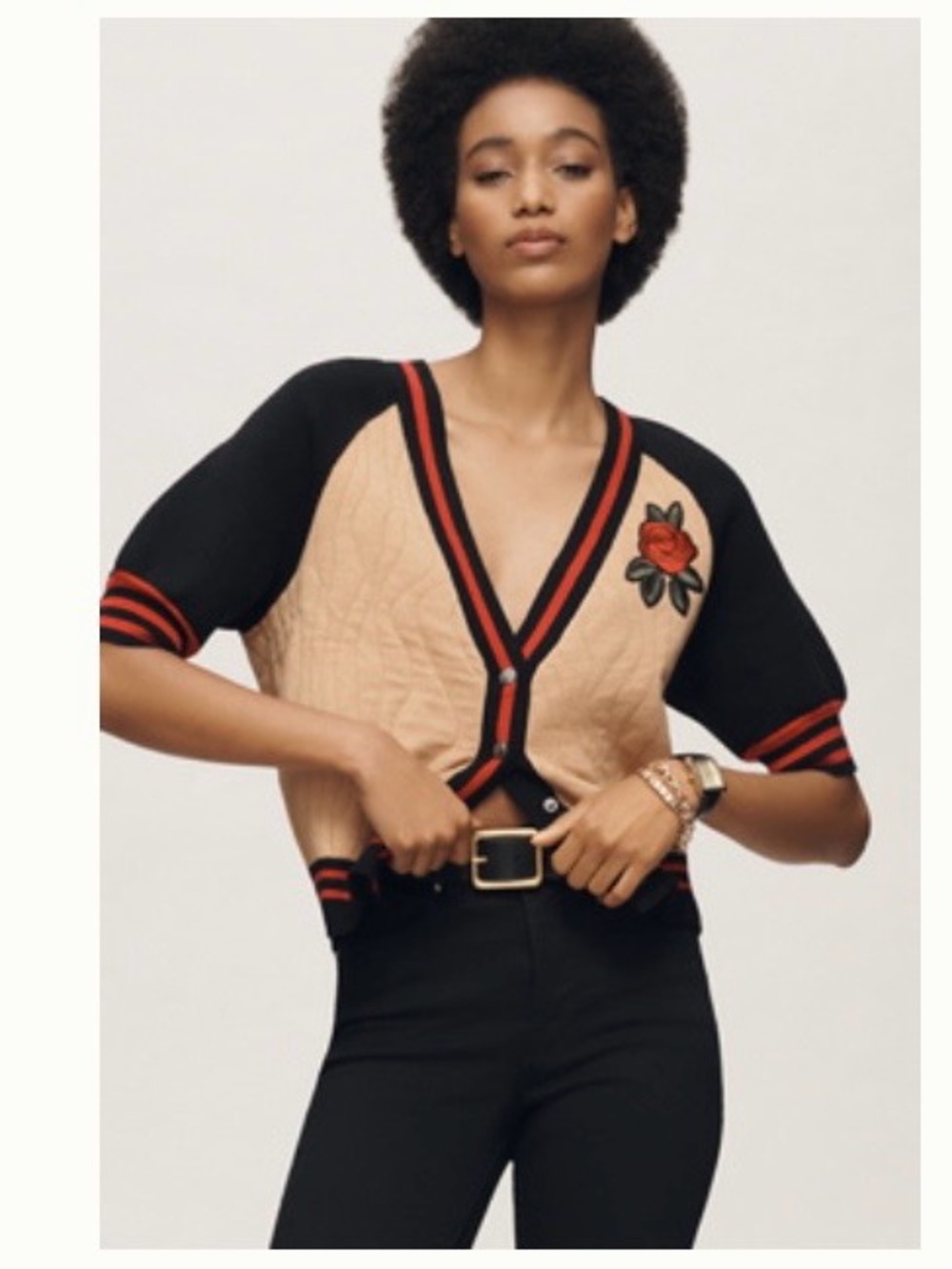 Maeve Black and Tan Quilted V-neck Cardigan with Red Rose